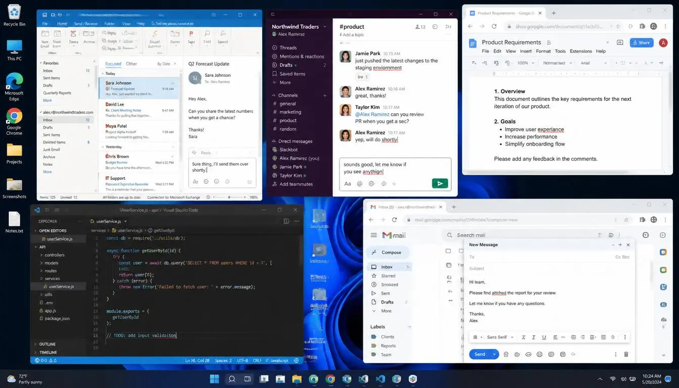 A cluttered Windows desktop with multiple applications open each showing inconsistent or missing autocorrect behavior, highlighting fragmentation