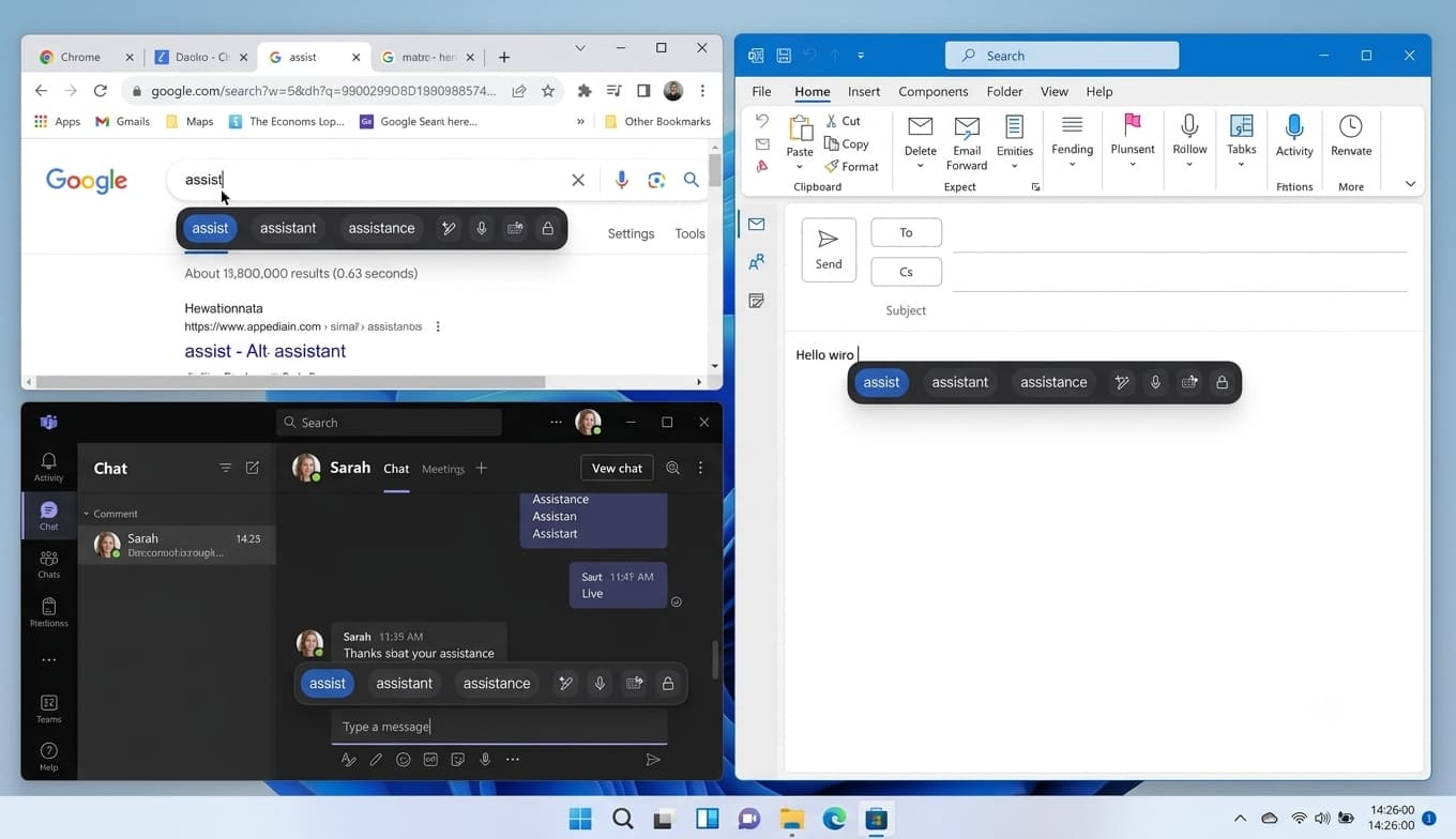 Clean Windows desktop with AutoCorrect PC overlay showing predictive text suggestions appearing simultaneously across multiple apps like browser, email, and chat