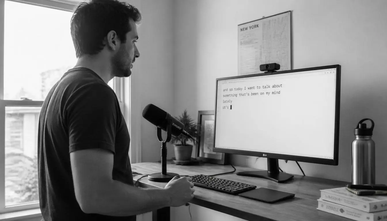 Person dictating into a microphone while text appears in a document
