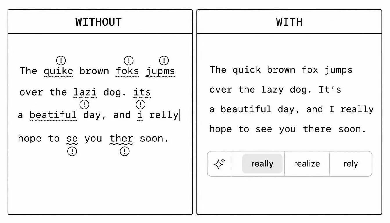 Side-by-side comparison of typing with and without word predictions