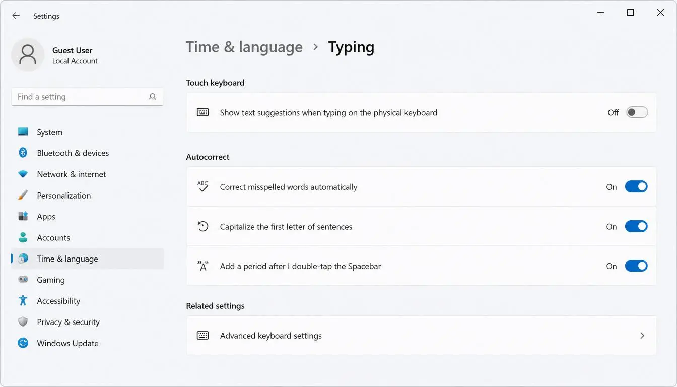 Windows settings page showing basic typing and autocorrect options with minimal configuration and limited features
