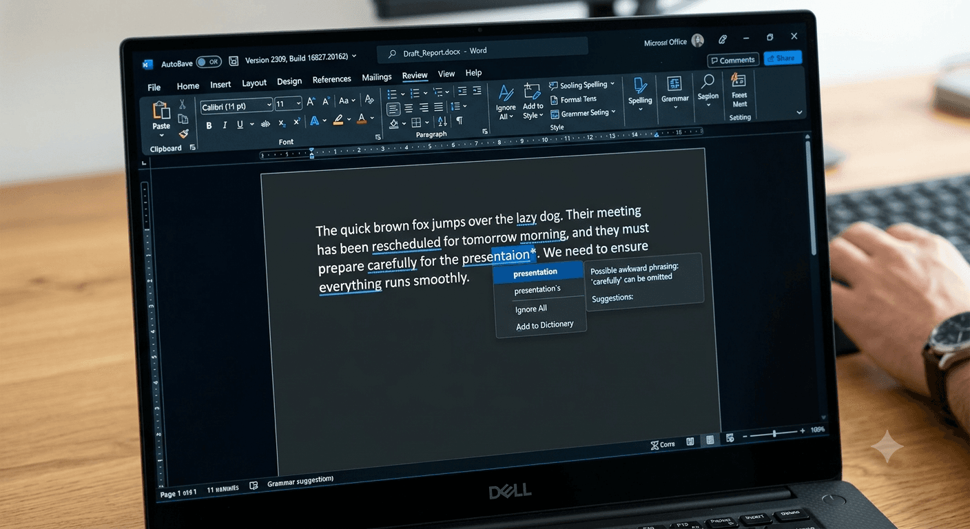 Microsoft Word document showing grammar and spelling suggestions, with no support visible outside Microsoft Office applications